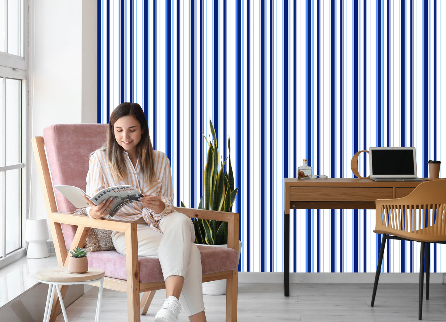 Wallpaper Blue - White Vertical Stripes