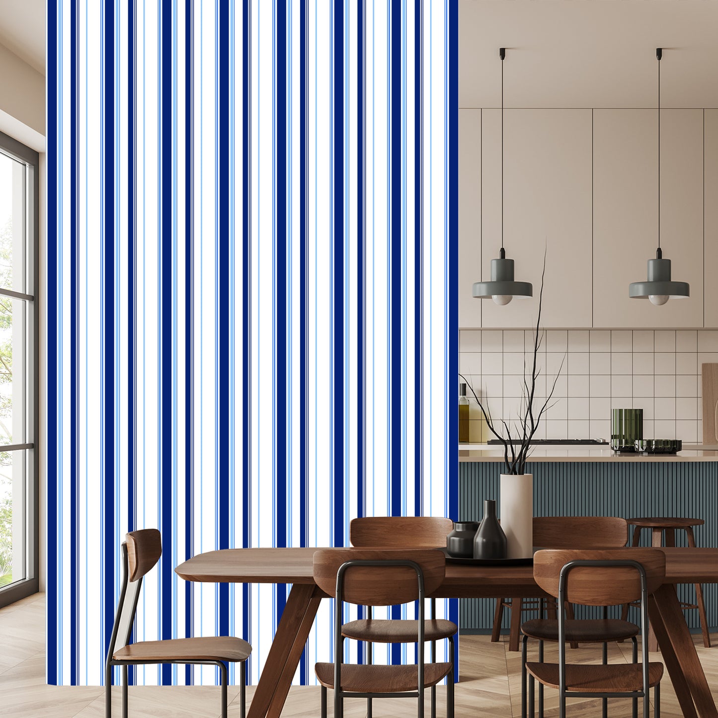 Wallpaper Blue - White Vertical Stripes