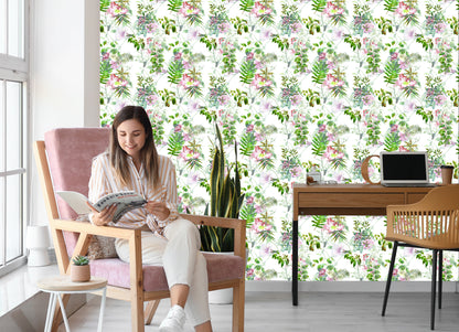 Wallpaper Watercolor Leafs And Flowers