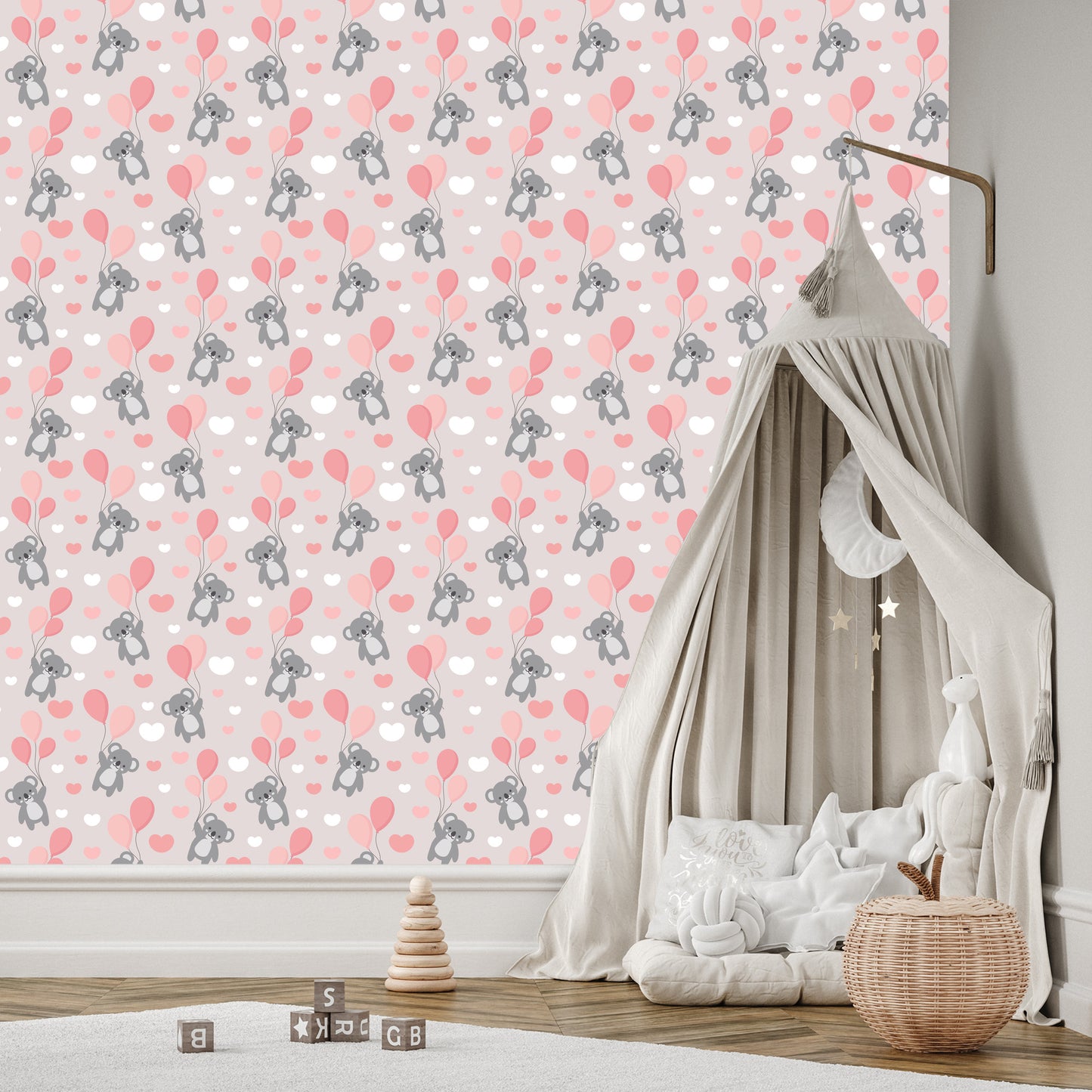 Wallpaper For Children - Koala Bears, Balloons And Hearts
