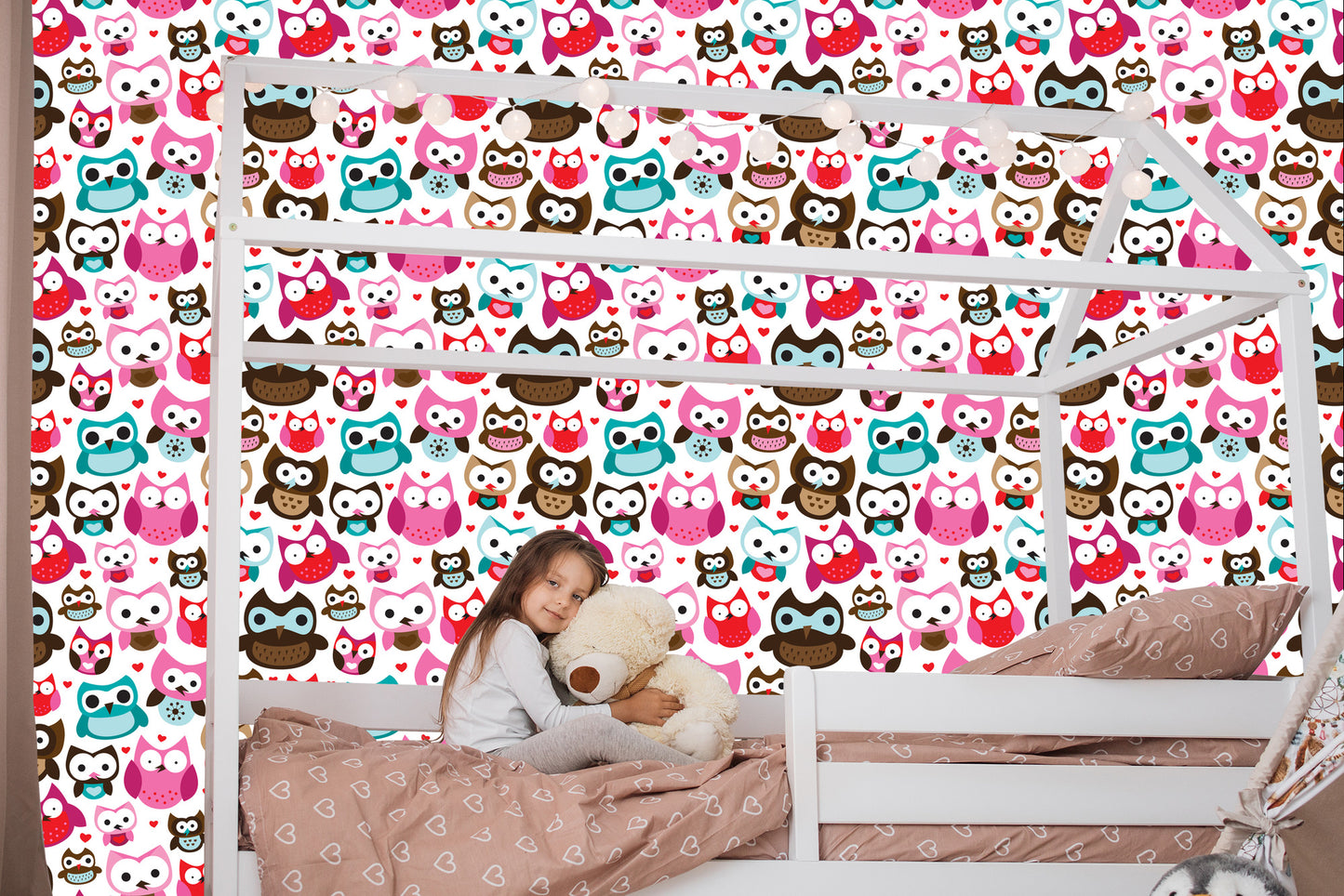 Wallpaper For Girls' Room Colorful Owls Hearts