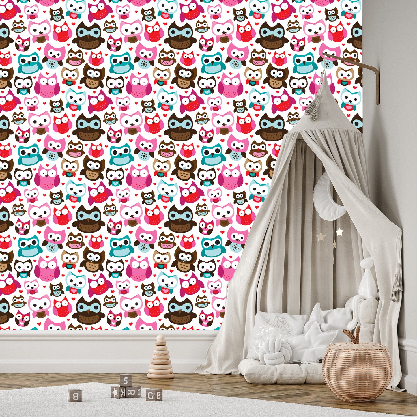 Wallpaper For Girls' Room Colorful Owls Hearts