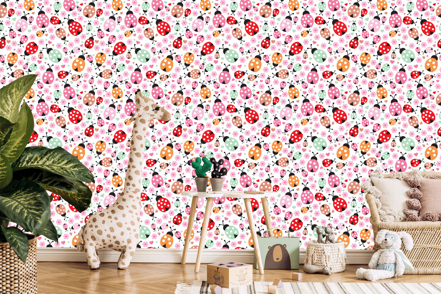 Wallpaper For Girl, Ladybugs, Hearts Flowers