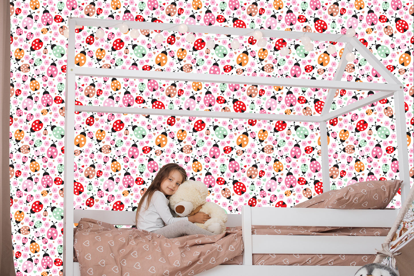 Wallpaper For Girl, Ladybugs, Hearts Flowers