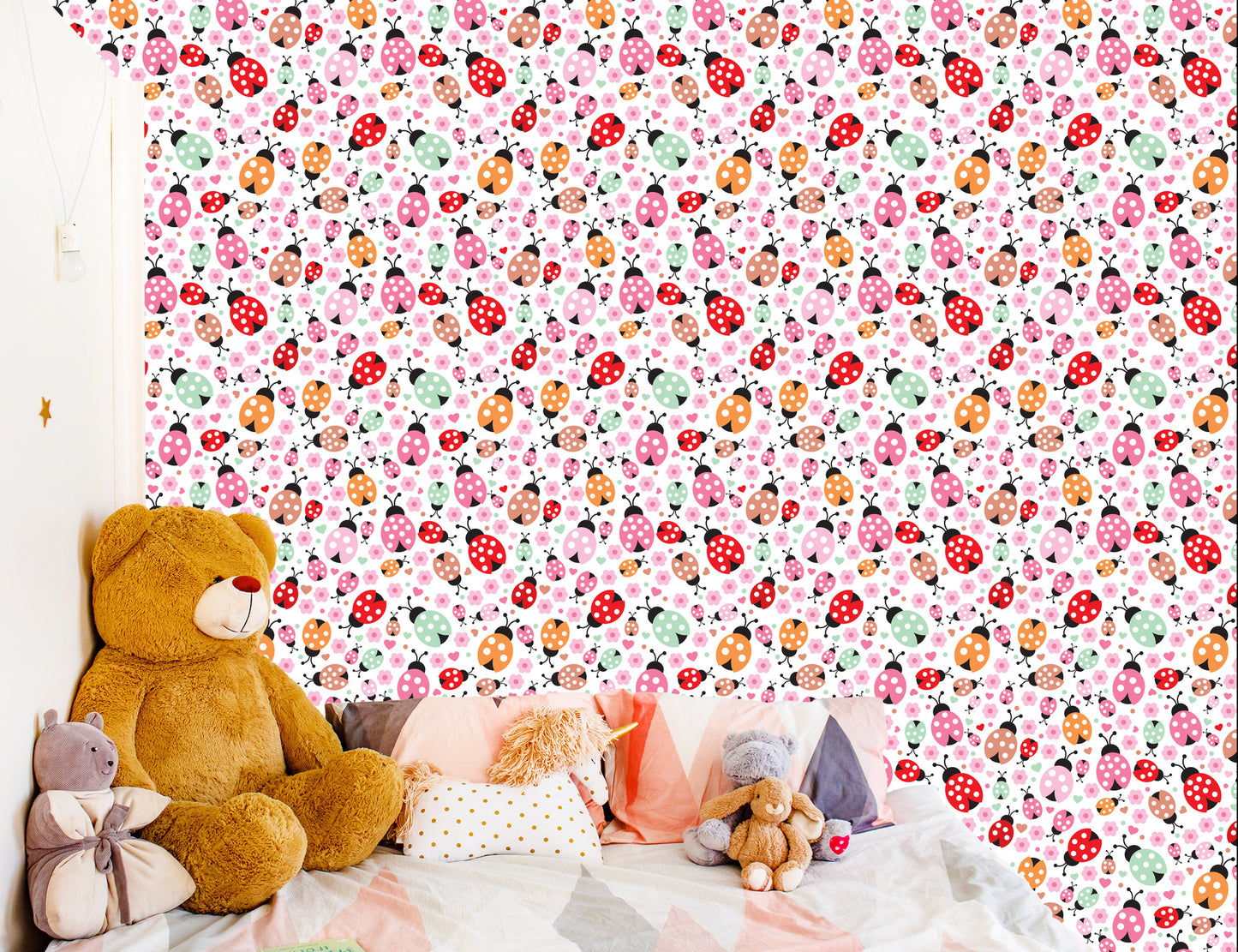 Wallpaper For Girl, Ladybugs, Hearts Flowers