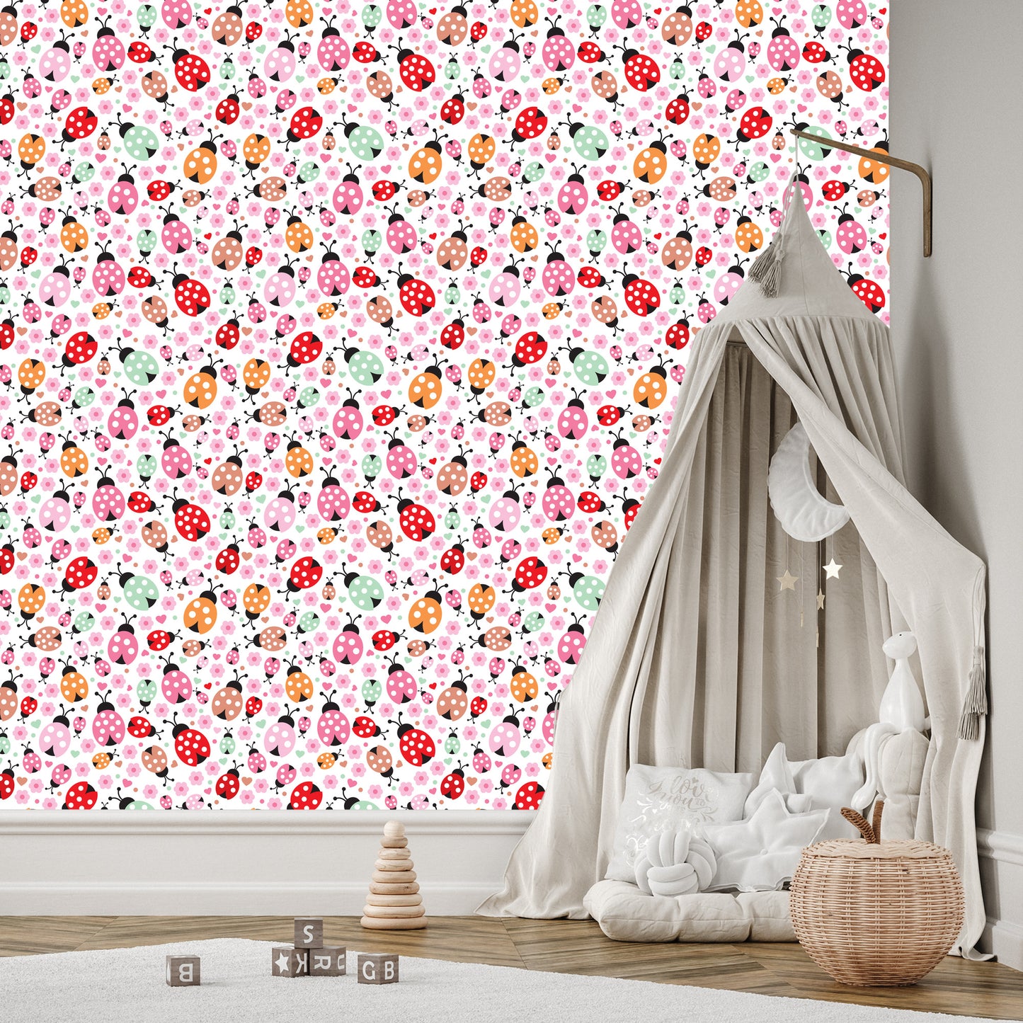 Wallpaper For Girl, Ladybugs, Hearts Flowers