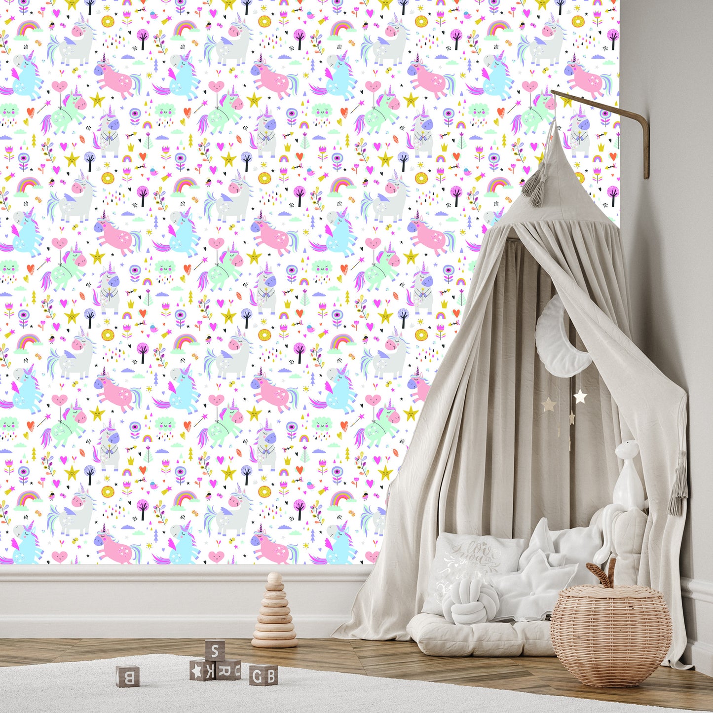 Wallpaper For Girls' Room Unicorns Flowers