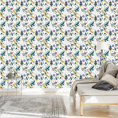Wallpaper For Children - Colorful Rockets, Satellites And Planets