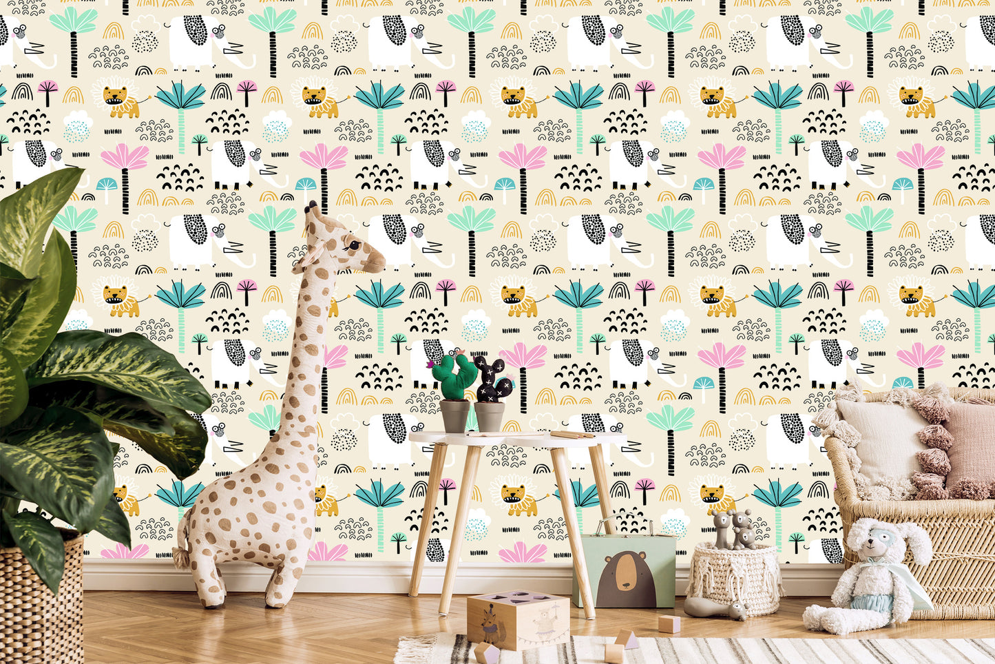 Wallpaper Safari Lions Pastel Trees Boy's Room