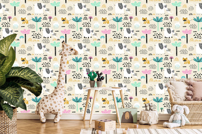 Wallpaper Safari Lions Pastel Trees Boy's Room