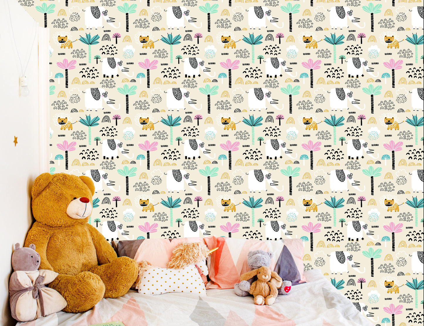 Wallpaper Safari Lions Pastel Trees Boy's Room