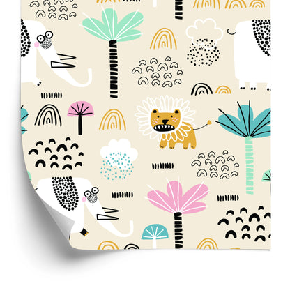 Wallpaper Safari Lions Pastel Trees Boy's Room