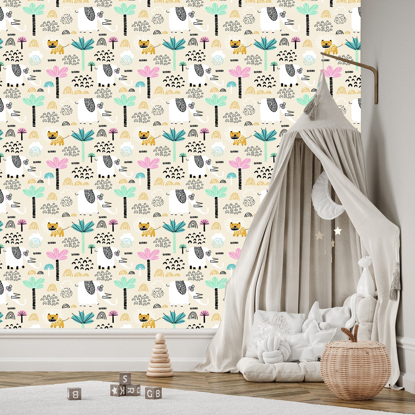 Wallpaper Safari Lions Pastel Trees Boy's Room