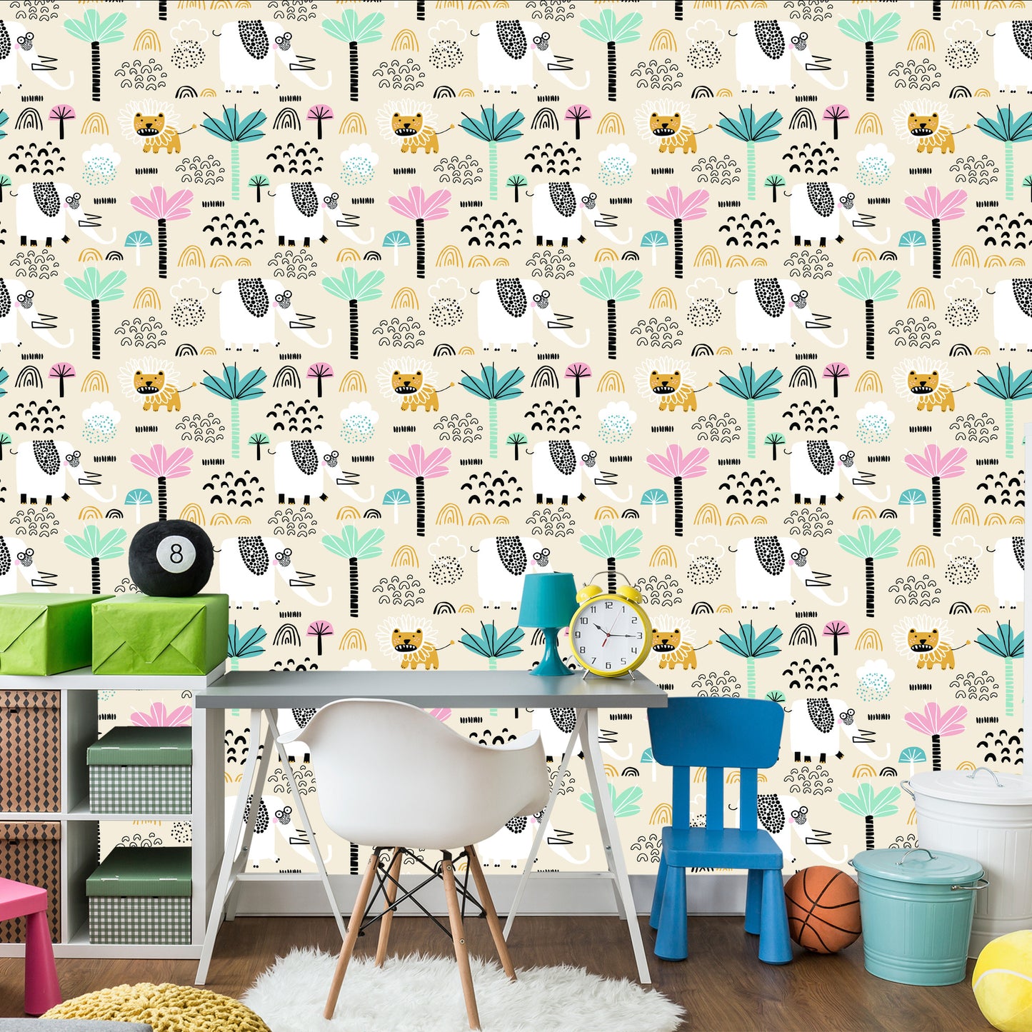 Wallpaper Safari Lions Pastel Trees Boy's Room