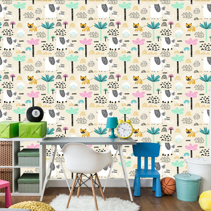 Wallpaper Safari Lions Pastel Trees Boy's Room