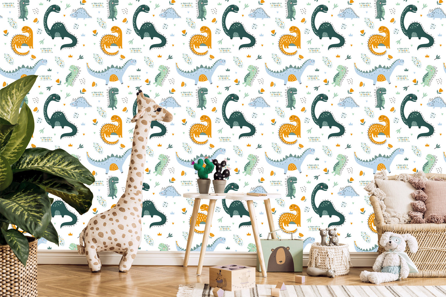 Wallpaper For Baby's Room Dinosaurs, Leaves, Flowers