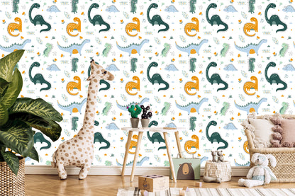 Wallpaper For Baby's Room Dinosaurs, Leaves, Flowers