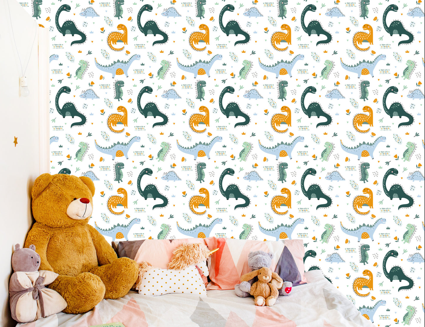 Wallpaper For Baby's Room Dinosaurs, Leaves, Flowers