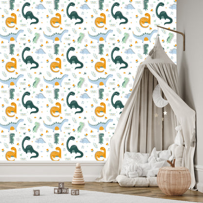 Wallpaper For Baby's Room Dinosaurs, Leaves, Flowers