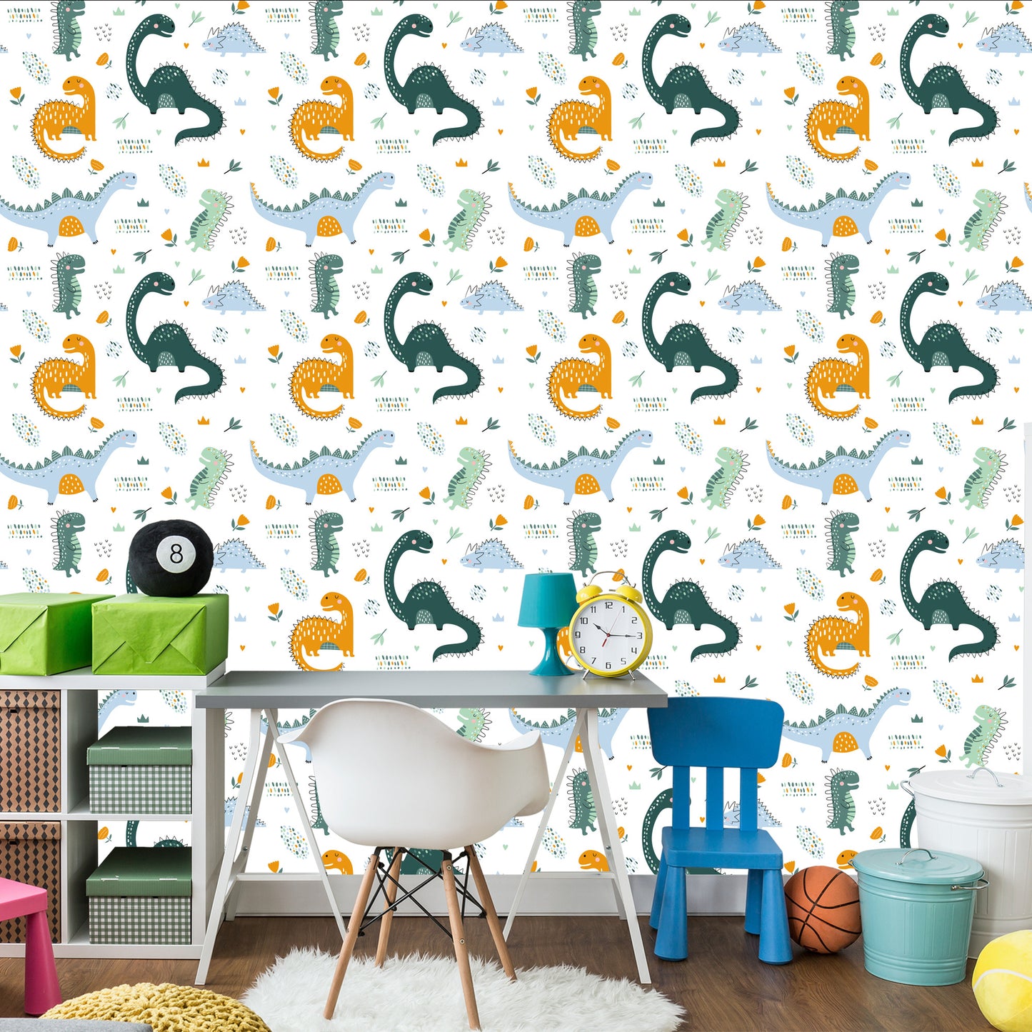 Wallpaper For Baby's Room Dinosaurs, Leaves, Flowers