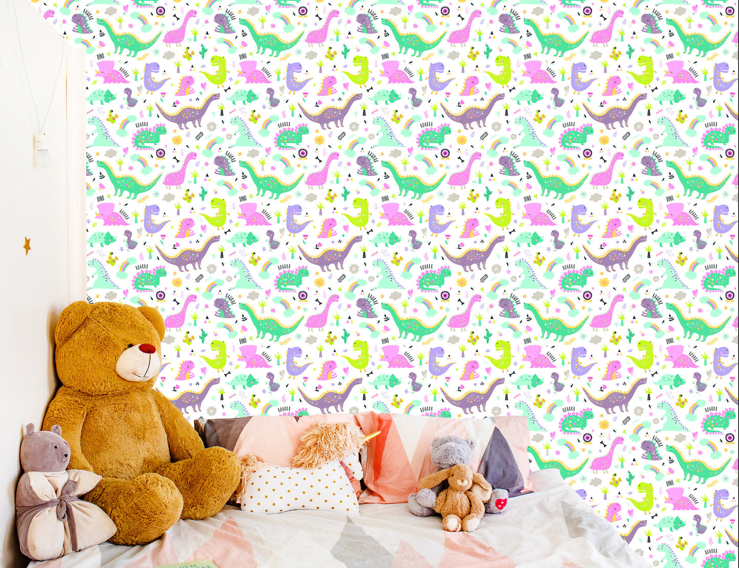 Wallpaper For Children. Dinosaurs. Flowers. Cacti