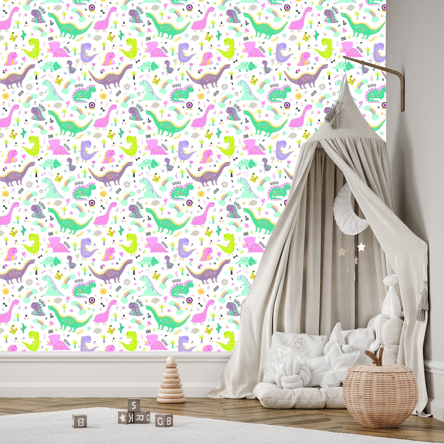 Wallpaper For Children. Dinosaurs. Flowers. Cacti