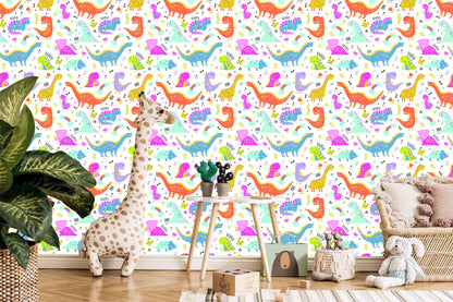 Wallpaper For Children. Rainbow And Clouds. Colorful Dinosaurs