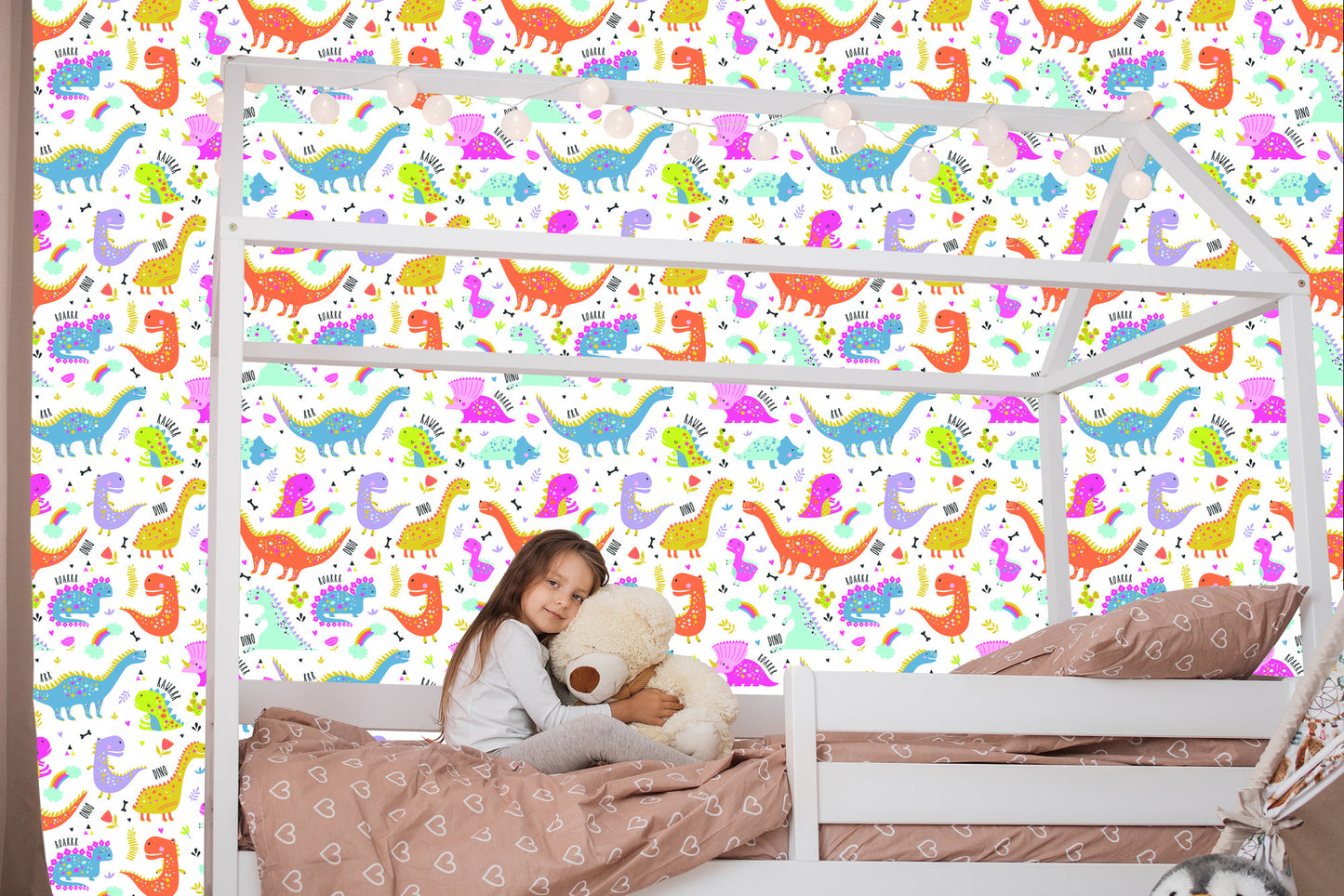 Wallpaper For Children. Rainbow And Clouds. Colorful Dinosaurs