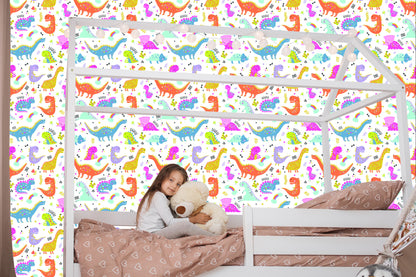 Wallpaper For Children. Rainbow And Clouds. Colorful Dinosaurs