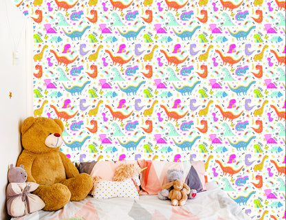 Wallpaper For Children. Rainbow And Clouds. Colorful Dinosaurs