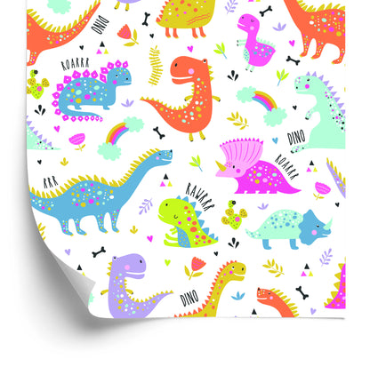 Wallpaper For Children. Rainbow And Clouds. Colorful Dinosaurs