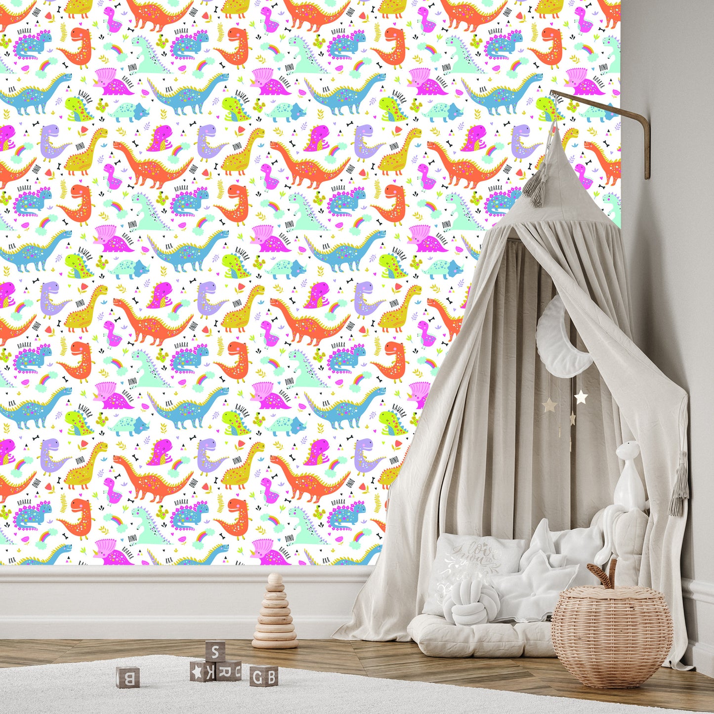 Wallpaper For Children. Rainbow And Clouds. Colorful Dinosaurs