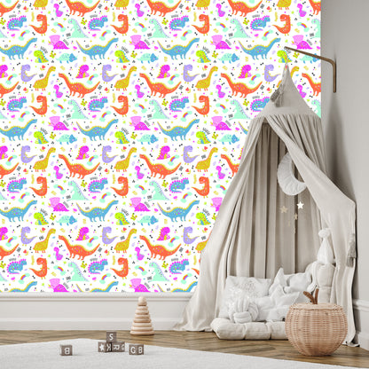 Wallpaper For Children. Rainbow And Clouds. Colorful Dinosaurs