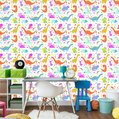 Wallpaper For Children. Rainbow And Clouds. Colorful Dinosaurs
