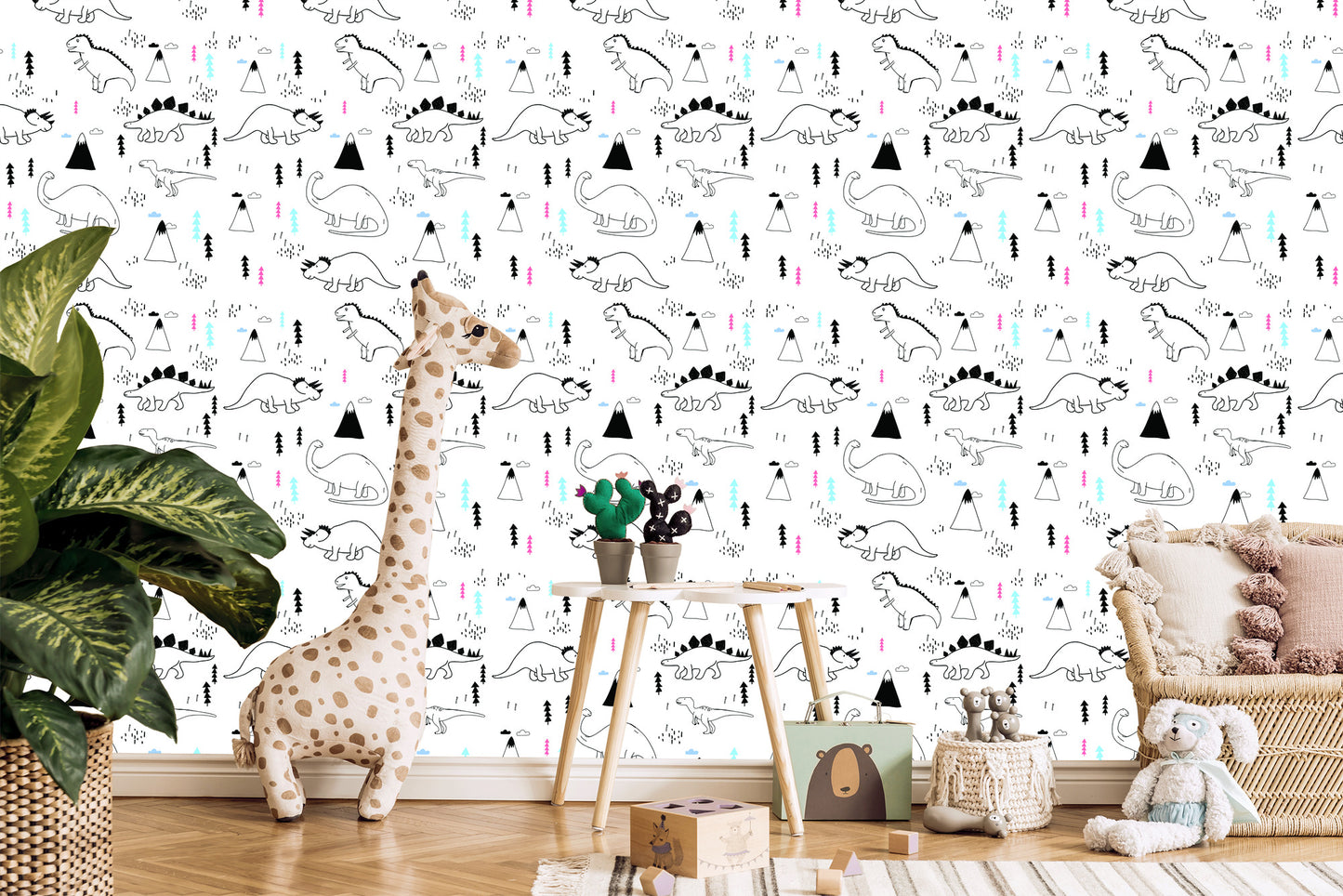 Wallpaper For Children. Dinosaurs. Clouds. Trees