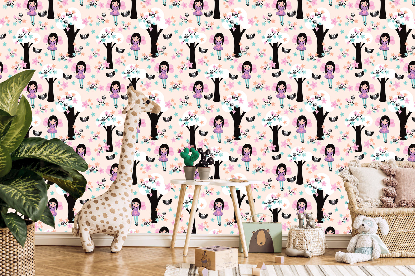 Wallpaper Fairy-Tale Children's Fairy Owl Flowers