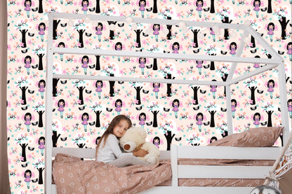 Wallpaper Fairy-Tale Children's Fairy Owl Flowers