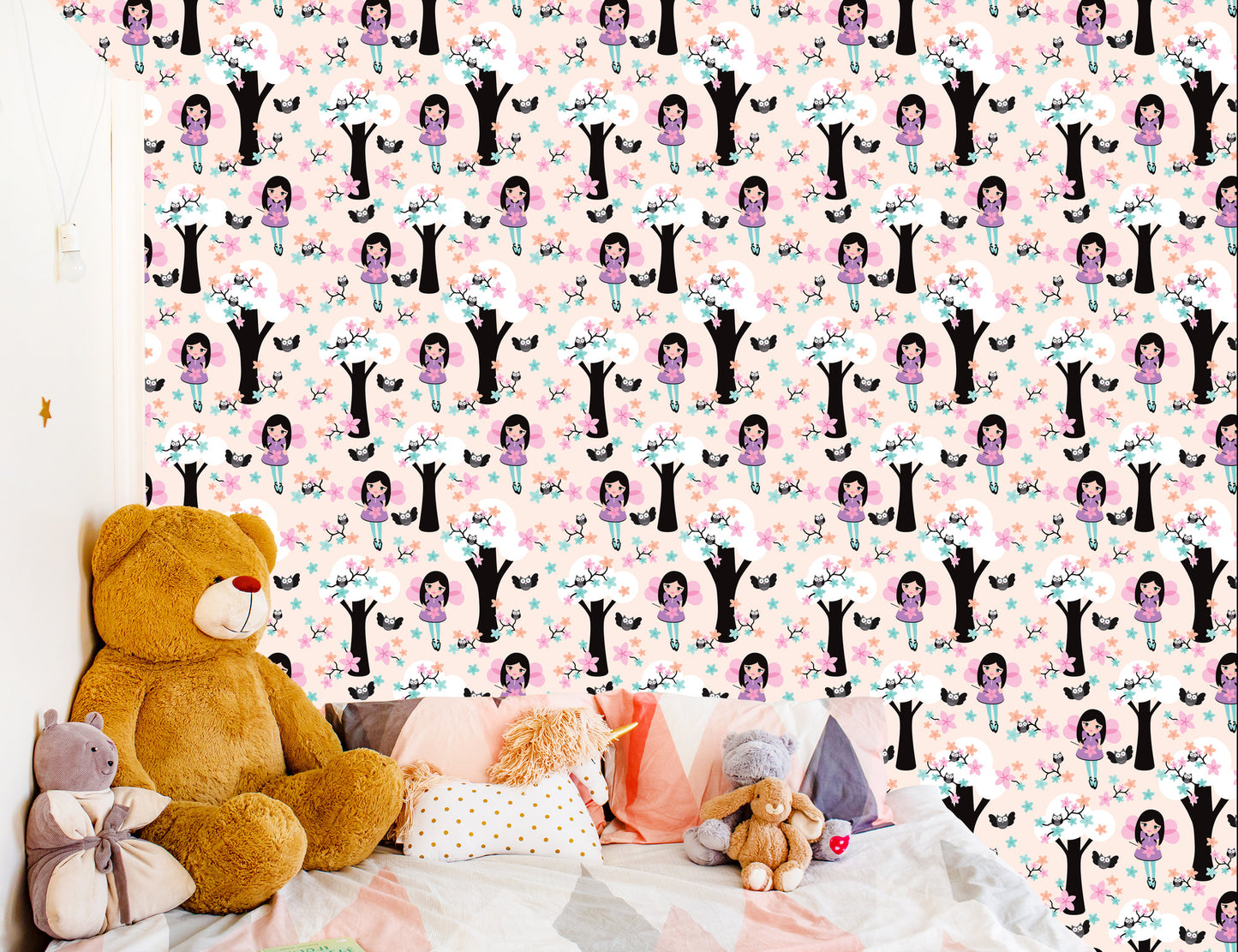 Wallpaper Fairy-Tale Children's Fairy Owl Flowers