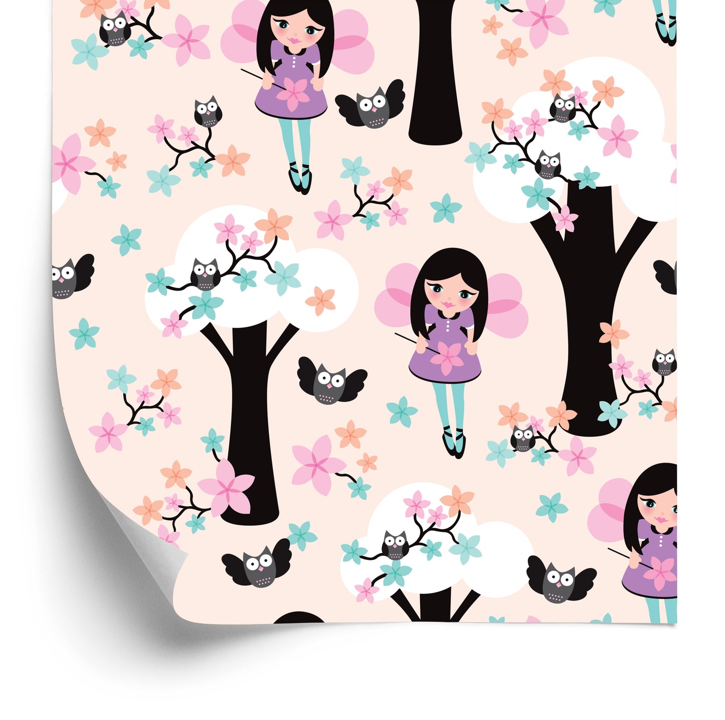 Wallpaper Fairy-Tale Children's Fairy Owl Flowers