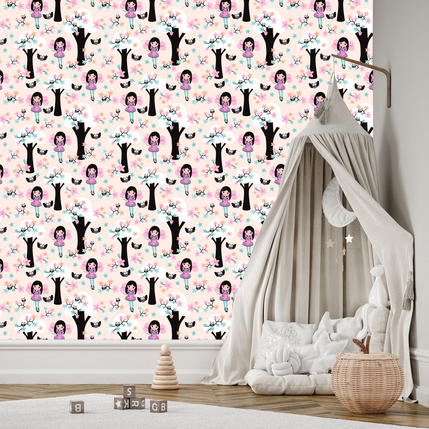 Wallpaper Fairy-Tale Children's Fairy Owl Flowers