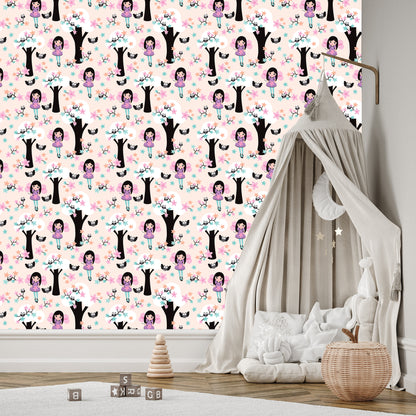 Wallpaper Fairy-Tale Children's Fairy Owl Flowers