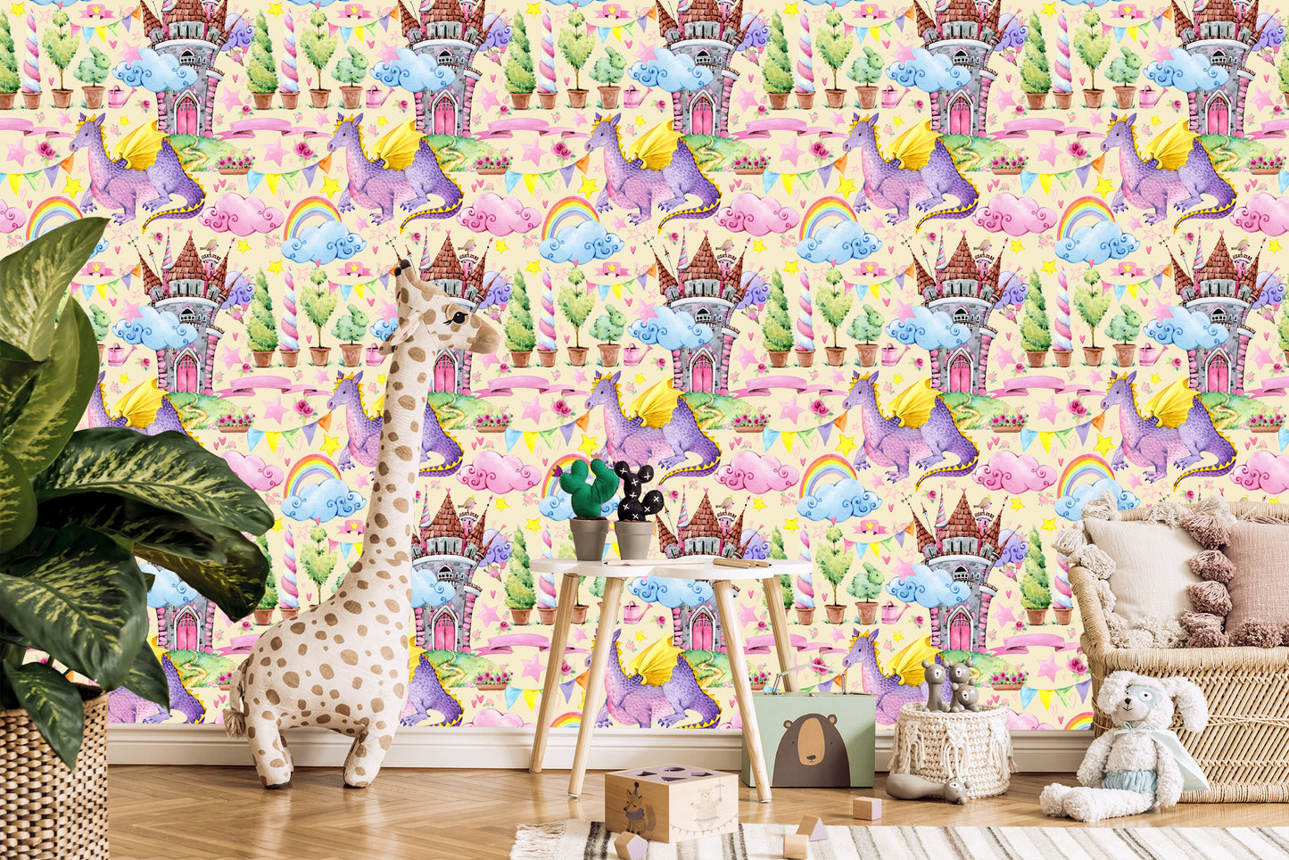 Wallpaper For Children, Dragons, Clouds, Rainbow, Stars
