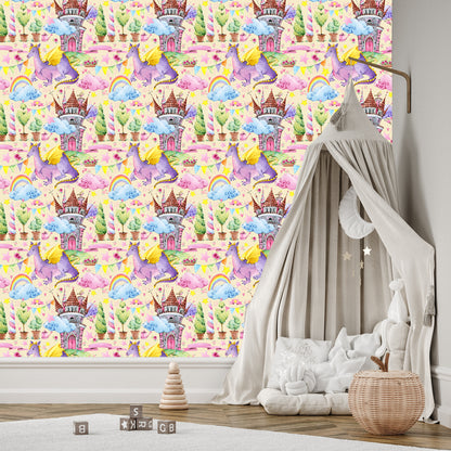 Wallpaper For Children, Dragons, Clouds, Rainbow, Stars