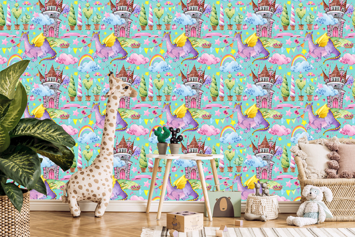 Wallpaper Fairy-Tale Dragons. Rainbow Flowers. Children's Room