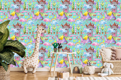 Wallpaper Fairy-Tale Dragons. Rainbow Flowers. Children's Room