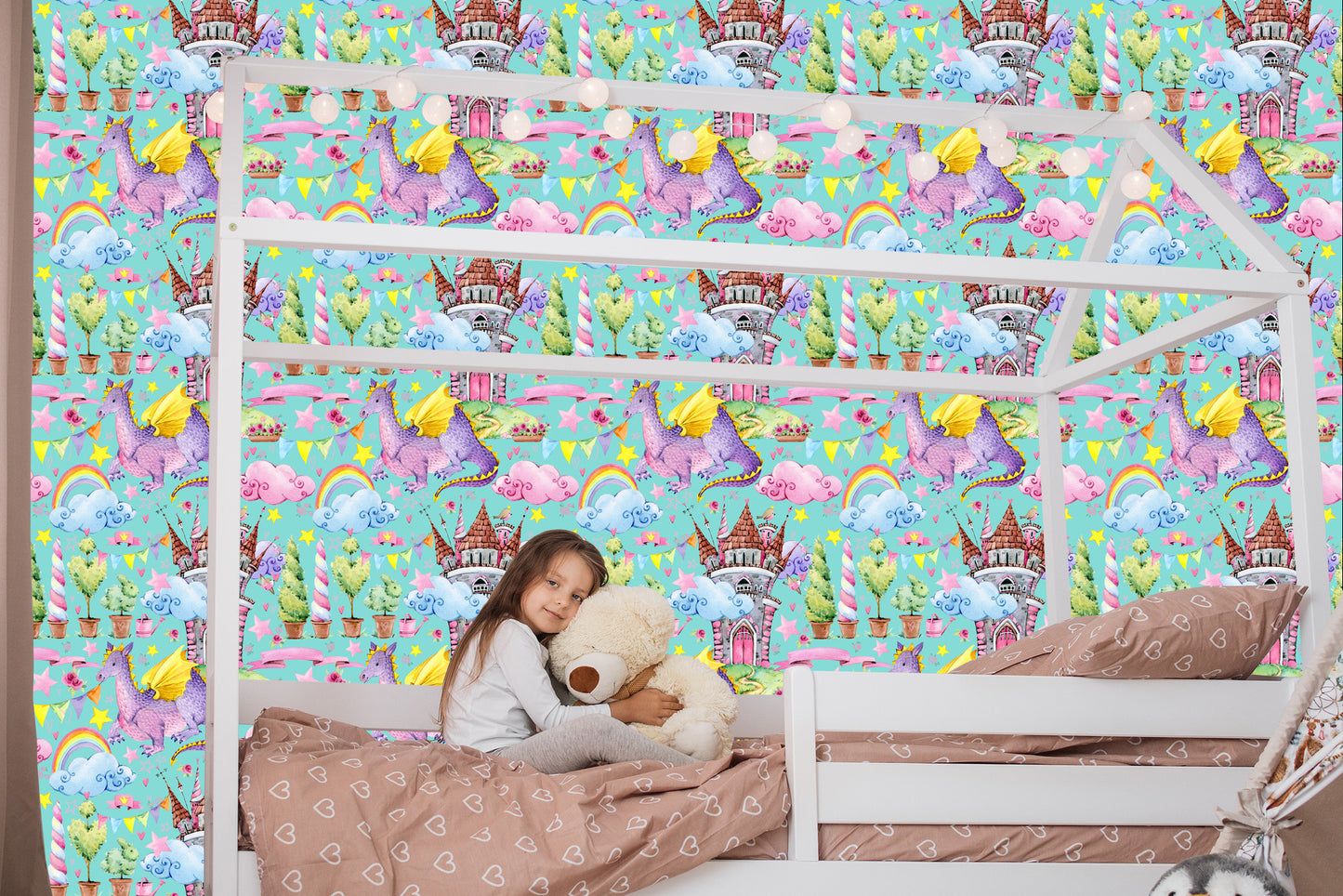 Wallpaper Fairy-Tale Dragons. Rainbow Flowers. Children's Room