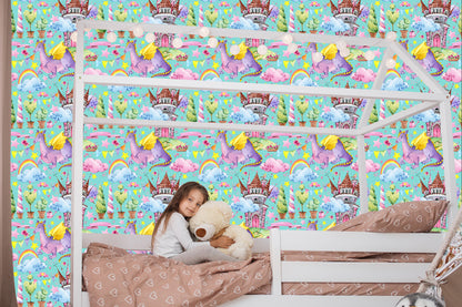 Wallpaper Fairy-Tale Dragons. Rainbow Flowers. Children's Room
