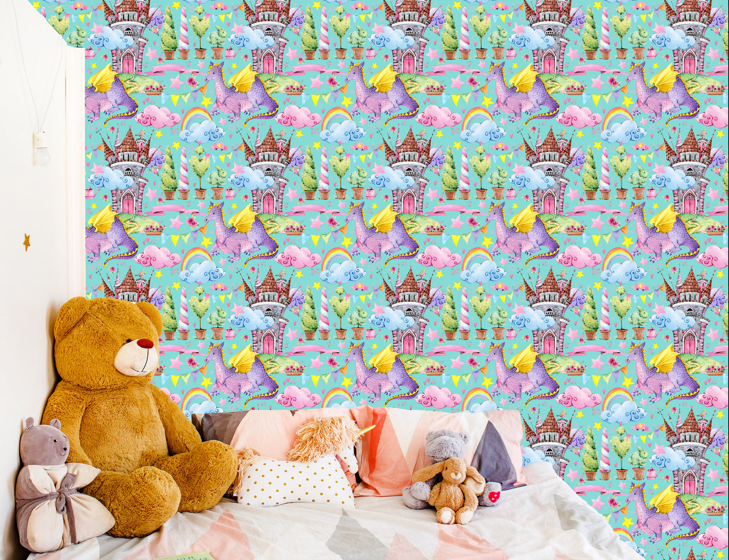 Wallpaper Fairy-Tale Dragons. Rainbow Flowers. Children's Room