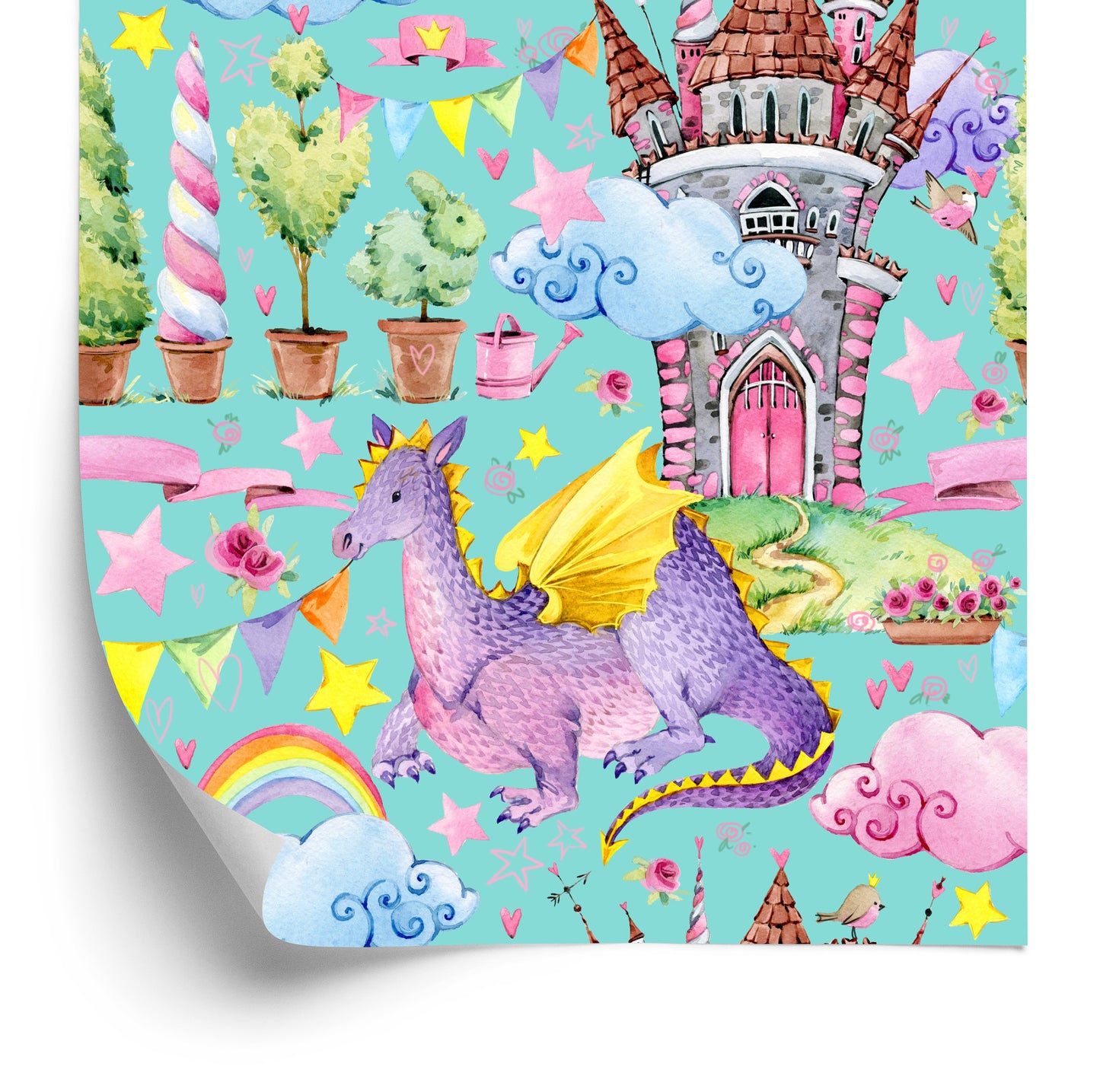Wallpaper Fairy-Tale Dragons. Rainbow Flowers. Children's Room