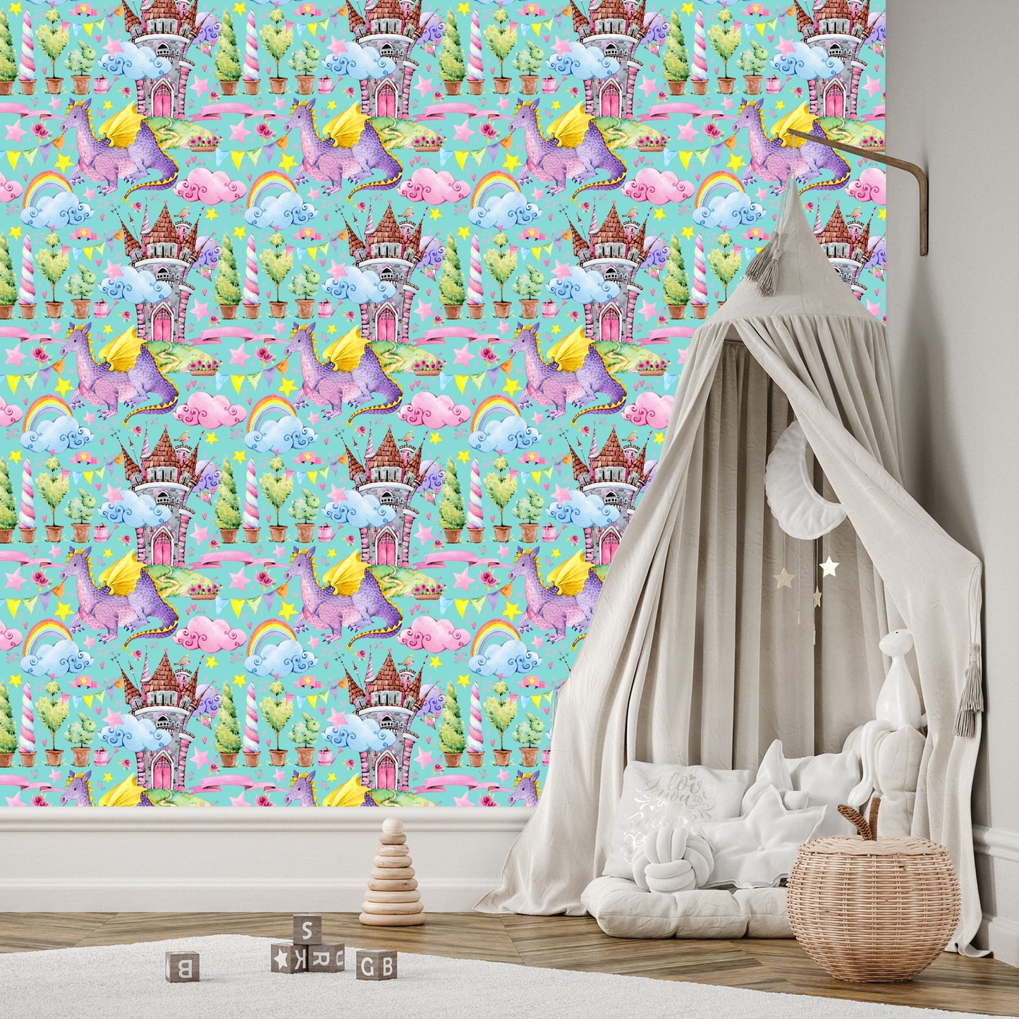 Wallpaper Fairy-Tale Dragons. Rainbow Flowers. Children's Room